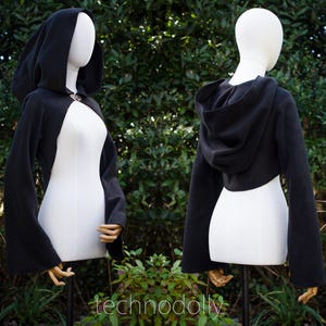 Black Volanthrophy Bolero ~ shrug top long sleeve bolero medieval large hood fleece larp viking celtic pagan dark witchy fairy costume