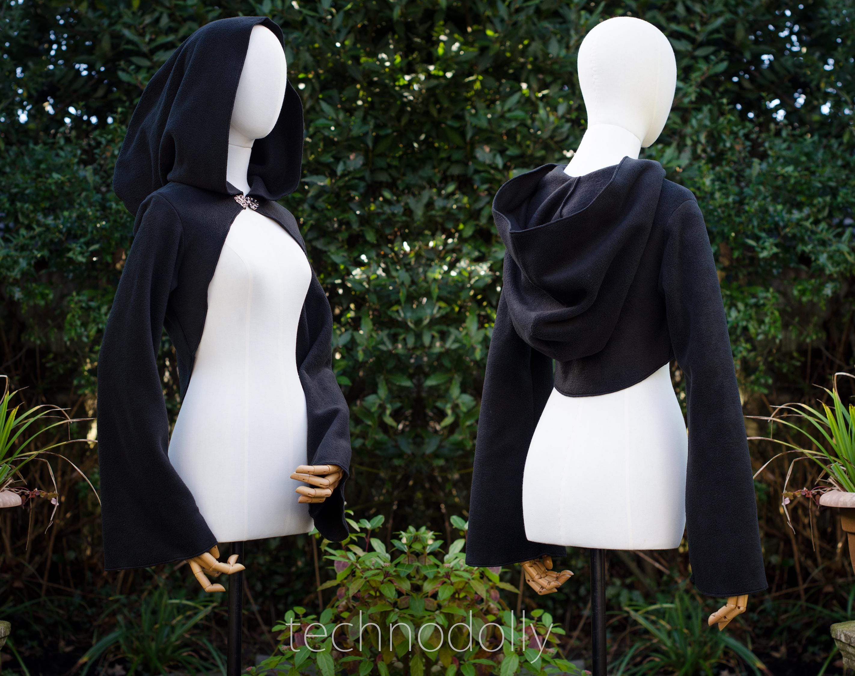 Black Fleece Hooded Bolero: Gothic Fluted Sleeve Shrug, Made to
