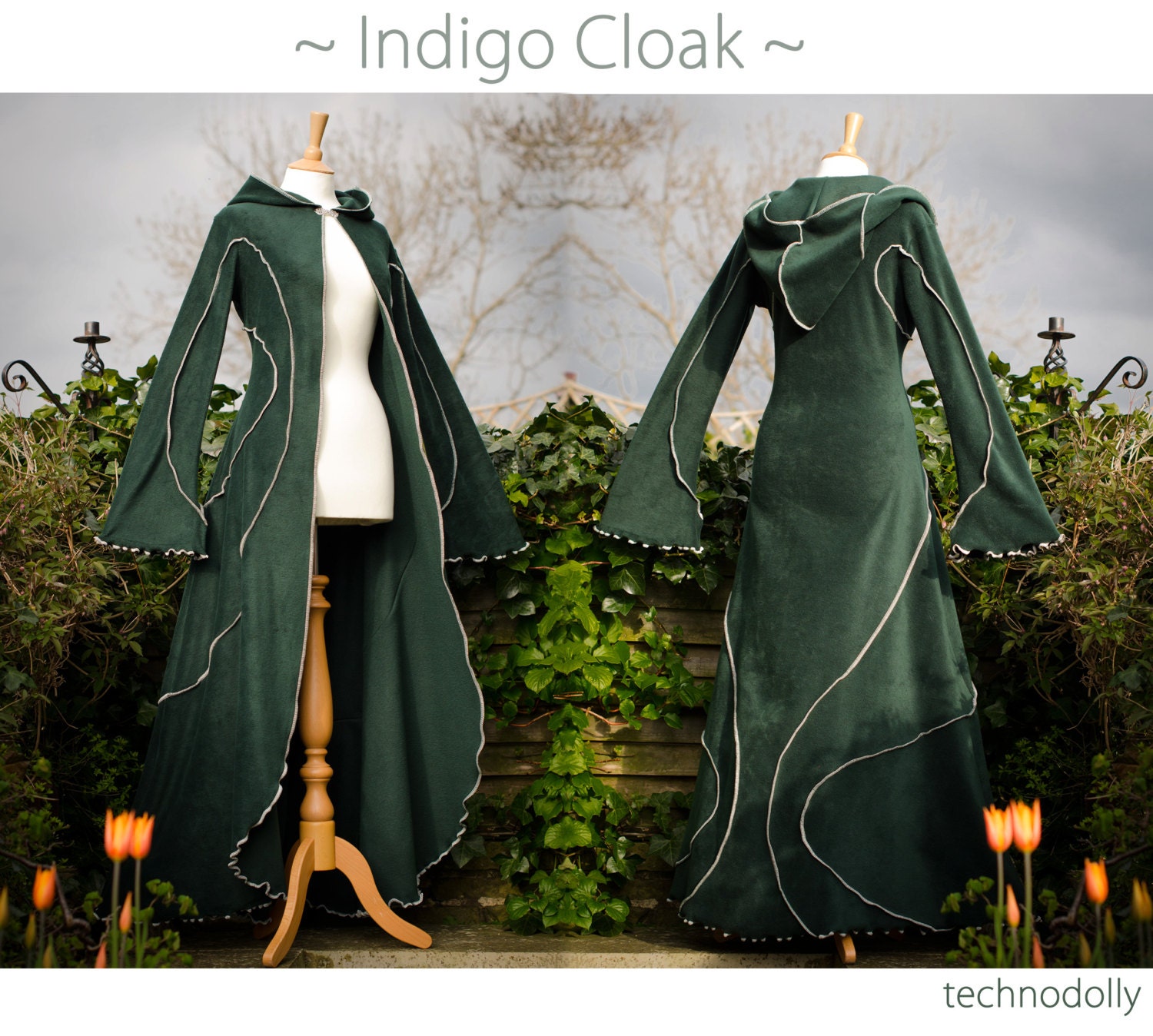 long green cloak, long green coat, dark green, fleece cloak, warm cloak, handfasting cloak, wedding coat, larp, technodolly ~ Indigo Cloak