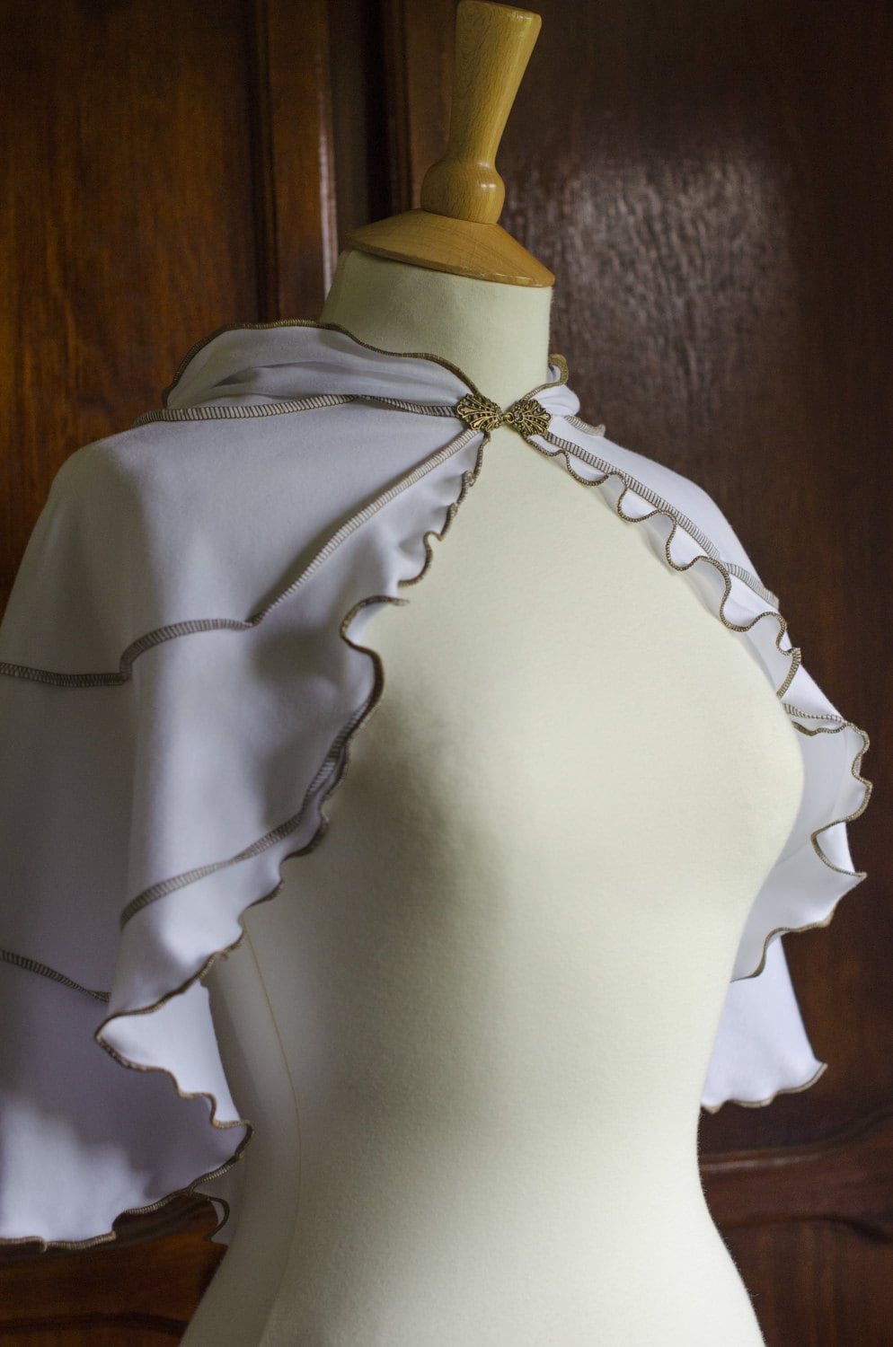 White Hooded Capelet: Cotton Jersey Bridal Cape with Gold Detail
