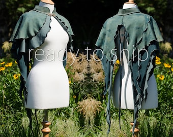Prasina Dragon Moth Cape ~ layered green tie-dye cotton jersey cloak with antique gold clasp anime halloween cosplay mud fairy costume