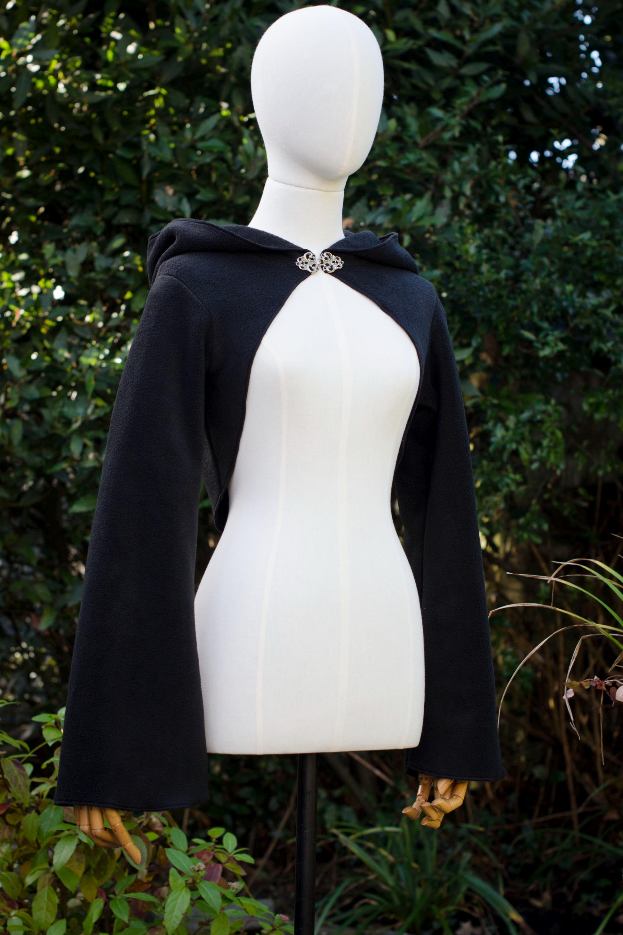 Black Fleece Hooded Bolero: Gothic Fluted Sleeve Shrug, Made to