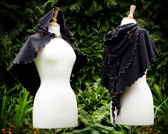Dark Luna Hooded Capelet: Black Cotton Jersey, Rainbow Stitch Witch Cape