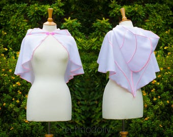 Witte fleececape met capuchon, roze accenten, cosplay, maat medium