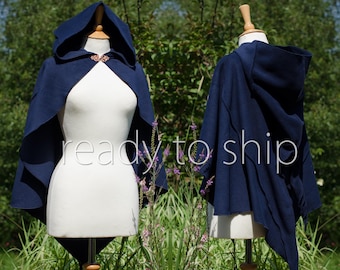 Midnight Blue Fleece Cloak, Medieval Style Hooded Cape, Warm Winter Layer, Free Size