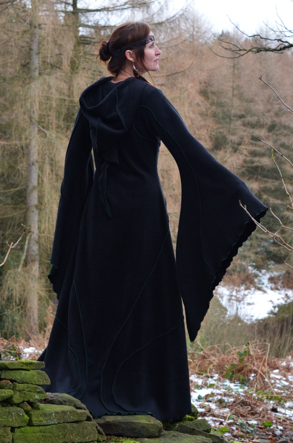 Black Fleece Hooded Coat: Medieval Flared Sleeves, Modern Witch - Etsy