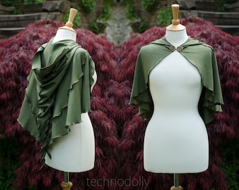 Dark Olive Green Hooded Luna Capelet: Cotton Jersey Strega Witch Cape