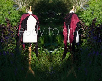 Cinnabar Moth Fairy Cloak ~ long layered tie-dye red and black cotton cape with black clasp mud fairy pirate cosplay