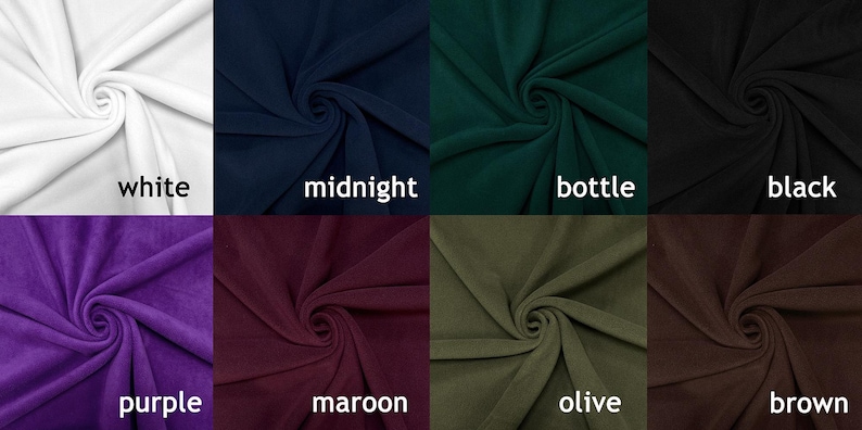 May include: Fabric swatches in ten different colors: white, midnight blue, bottle green, black, purple, maroon, olive, brown, teal, and gray.