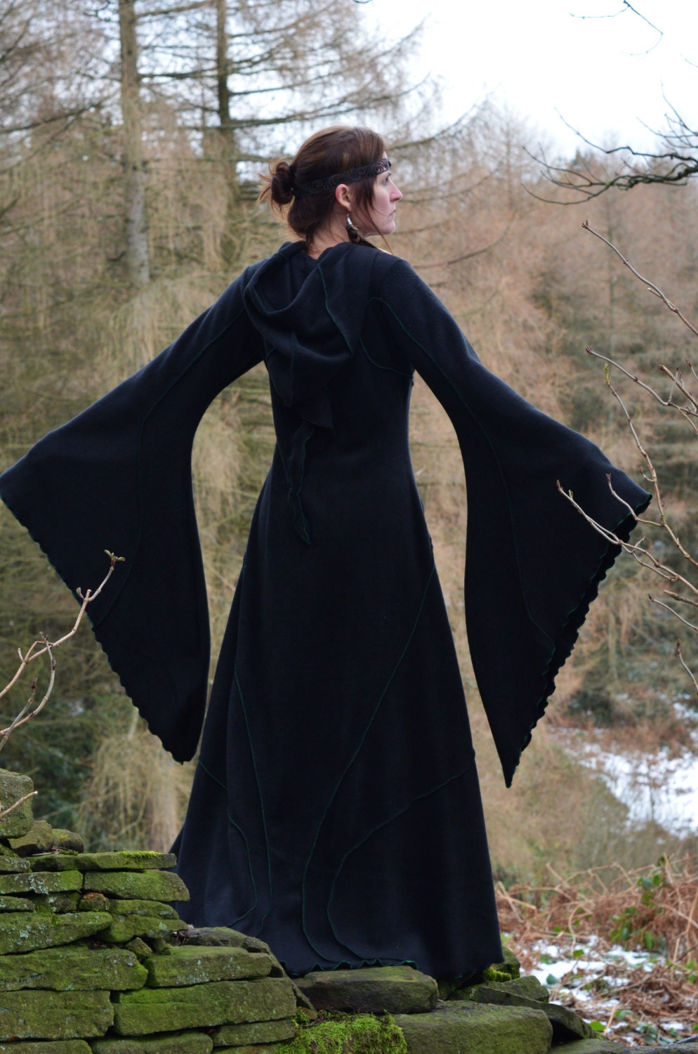 Black Fleece Hooded Coat: Medieval Flared Sleeves, Modern Witch - Etsy