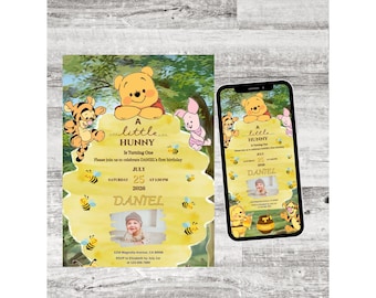 Winnie Puuh – Ein kleiner Honig – Einladung zum ersten Geburtstag, bearbeitbare Canva-Vorlage