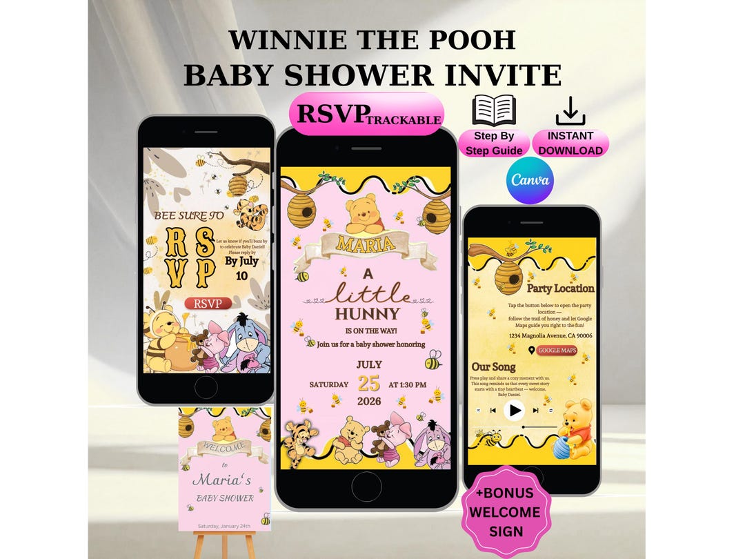 Winnie the Pooh Baby Shower Invitation Girl Editable Canva Website ...