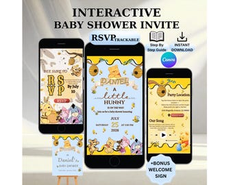 Winnie Baby Shower Boy Invite Winnie the Pooh Editable Canva Website + RSVP, Music, Countdown, Maps