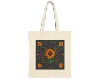 Sunflower & Heart Cotton Canvas Tote Bag, Eco-Friendly Shopping Bag, Floral Gift, Reusable Tote, Canvas Purse, Boho Style