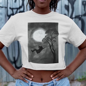 Feel the midnight rhythm, Moonlit Swing Oversized Tee, Unisex Boxy Tee, Casual Graphic Tee, Short Sleeve Shirt, Vintage Aesthetic Apparel
