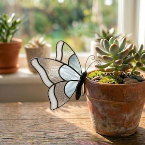 May include: A stained glass butterfly with white, blue, and brown sections, perched near a potted succulent plant. The butterfly has a black body and delicate antennae. The scene is set on a wooden surface with other potted plants in the background.