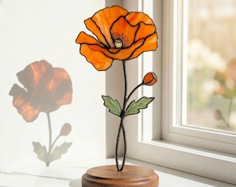 Atrapasueños de vidrieras con forma de amapola, regalo conmemorativo para mamá, obra de arte de recuerdo y condolencias, flor de nacimiento de agosto, regalo hecho a mano para la abuela.