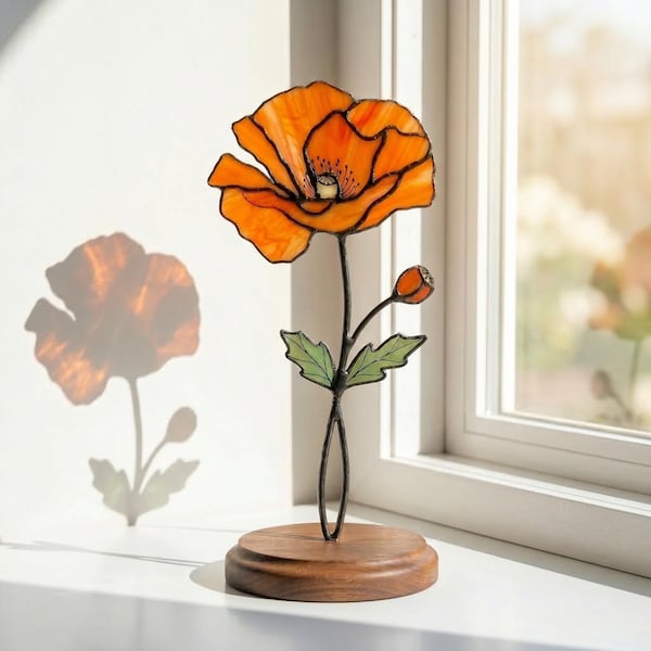 Stained Glass Poppy Flower Suncatcher, Memorial Gift for Mom, Sympathy Remembrance Art, August Birth Flower, Handmade Gift for Grandma