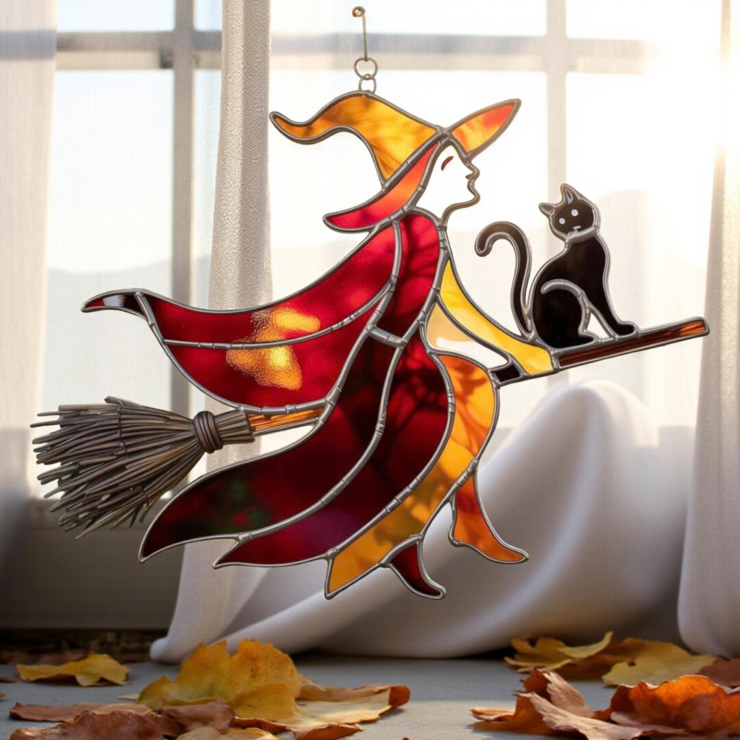 Witch & Black Cat Stained Glass Suncatcher – Halloween Window Hanging ...