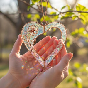Może przedstawiać: Iridescentny witraż w kształcie serca z motywem kwiatowym. Serce jest obrysowane miedzią i ma przezroczysty środek. Suncatcher jest zawieszony na miedzianym drucie, idealny do zawieszenia w oknie.