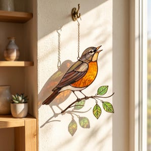 Zingende Robin glas-in-lood suncatcher, inspirerend cadeau voor vrouwen, nieuw begin decor, aanmoediging raam hangende vogelkunst