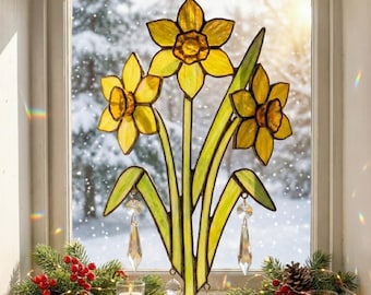 Atrapasueños de narcisos de vitral, regalo de flores para nacimiento de marzo, regalo para mamá, decoración floral para ventana