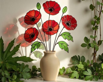 Glasmalerei-Mohnblumen-Sonnenfänger - Handgemachte rote, orange und rosa Fensterdekoration, Holzbasis-Option, Geschenkfertig
