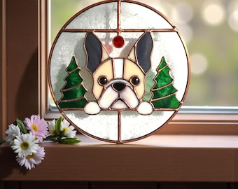 Custom French Bulldog Stained Glass Ornament, Frenchie Suncatcher, Dog Lover Gift, Christmas Window Decor, Pet Memorial Glass Art