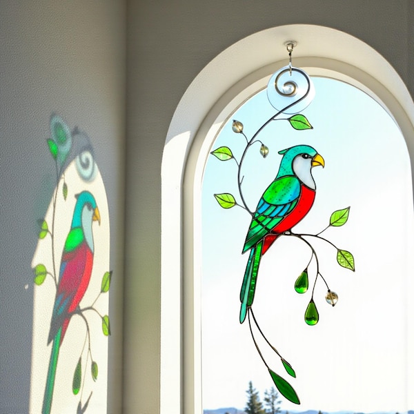Resplendent Quetzal Stained Glass Suncatcher • Tropical Bird Window Decor • Christmas Gift for Bird Lovers • Handmade Holiday Hanging