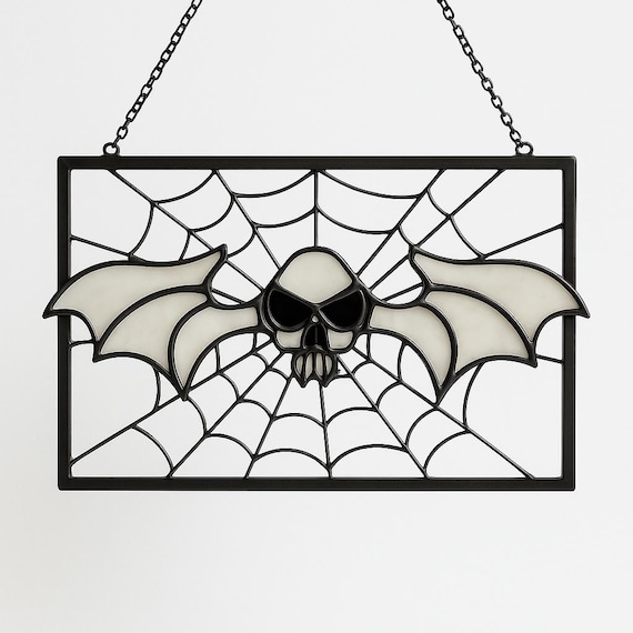 Whimsical Decor Bat Skull Stained Glass Suncatcher, Gothic Halloween Window Hanging, Bat Window Art Gift