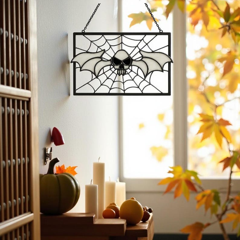 May include: A rectangular Halloween stained glass window hanging from a chain. The design features a skull with bat wings in the center of a spider web. The window is black with white and clear glass. A green pumpkin and candles are on a wooden surface.