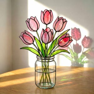 Atrapasueños de tulipanes de vitral, ramo de primavera eterna, adorno personalizado para ventana, regalo de San Valentín para mamá (sin jarrón)