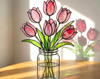 Stained Glass Tulip Suncatcher, Mother's Day Gift for Mom, Everlasting Spring Flower Bouquet, Gift for Grandma, Cottagecore Window Decor