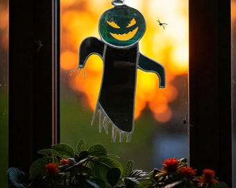 Stained Glass Halloween Ghost Suncatcher: Spooky Pumpkin Face, Handmade Black Glass