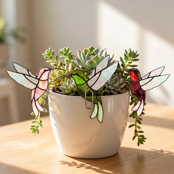 Stained Glass Hummingbird Plant Pot Hugger, Garden Stake, Succulent Decor, Personalized Birthstone Gift for Mom Dad,Plant Lover Father's Day