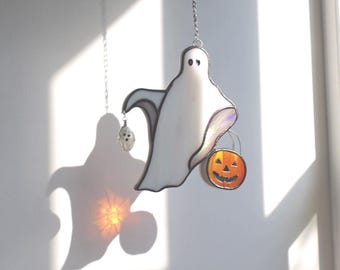 Whimsical Decor Ghost Stained Glass — Suncatcher or Plant Stake, Halloween Window Hanging, Cute Spooky Pumpkin Bucket Gift