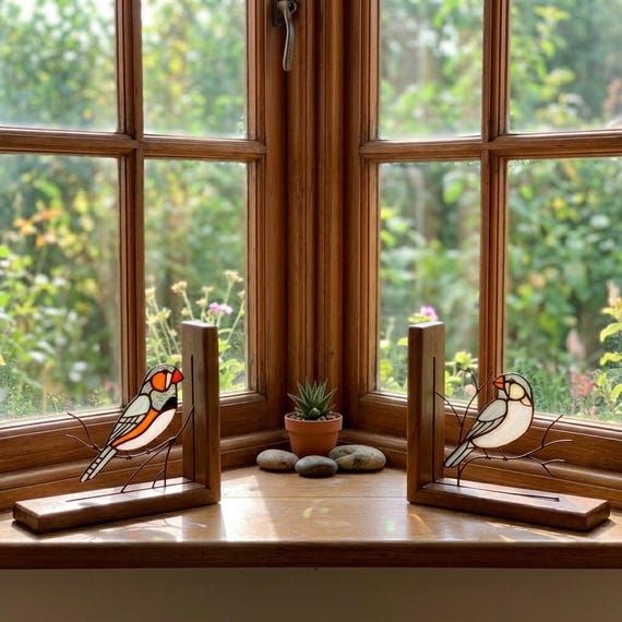 Stained Glass Bird Window Sill Decor, Zebra Finch Wood Bookends, Sunlit Corner Display, Nature Lover Gift, Rustic Window Ledge Accent