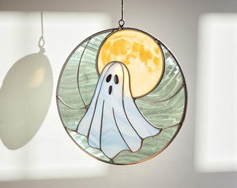 Ghost & Moon Stained Glass Suncatcher — Handmade Soft Spooky Halloween Window Decor, Celestial Gift