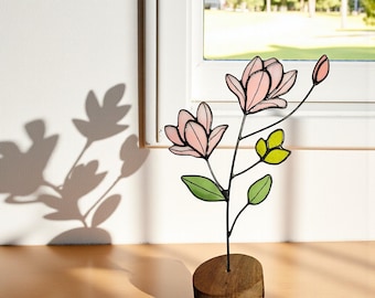 Rama de magnolia en vitral, regalo de Navidad, decoración de magnolia en vitral, adorno botánico de vidrio, regalo para el Día de la Madre