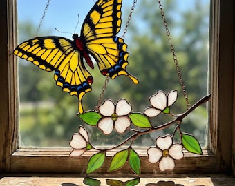 Stained Glass Dogwood Flowers & Tiger Swallowtail Butterfly Suncatcher Set - Spring Window Decor, Mothers Day Gift for Mom, Gardener Gift