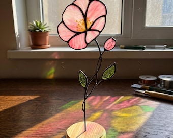 Stained Glass Primrose Suncatcher, February Birth Flower Gift, Pink Wildflower Glass Art, Mother's Day Gift for Her, Handmade Window Decor.