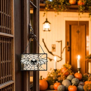 May include: A rectangular Halloween sign with a black frame, featuring a white spiderweb design with a skull and bat wings. The sign hangs on a wooden door. Pumpkins and candles are visible in the background, creating a festive atmosphere.