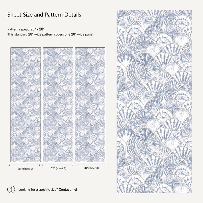 Pode incluir: Pain&eacute;is de papel de parede com um padr&atilde;o de conchas repetido em tons de azul e branco. O texto indica que o padr&atilde;o se repete em 71 cm x 71 cm, e cada painel tem 71 cm de largura. O texto tamb&eacute;m diz "Looking for a specific size? Contact me!"