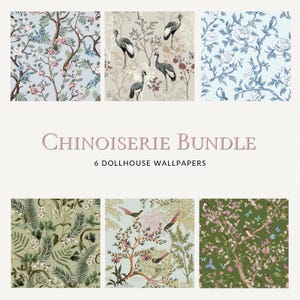 Puede incluir: Un paquete de 6 papeles pintados para casa de muñecas Chinoiserie Bundle con diversos patrones botánicos y de aves. Los diseños incluyen grullas, ramas florales y helechos en paletas de colores azul claro, beige, verde oliva y verde oscuro.