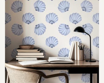 Papel tapiz costero con conchas, decoración de pared, papel tapiz náutico, decoración de baño, patrón oceánico en tonos azules, revestimiento de pared, arte para el hogar, diseño de acuarela