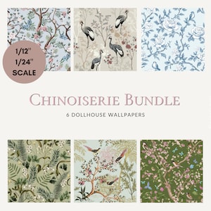 Puede incluir: Un conjunto de seis papeles pintados para casa de muñecas a escala 1/12 y 1/24, etiquetado como Chinoiserie Bundle. Los patrones muestran motivos botánicos, pájaros y grullas sobre fondos de color azul claro, verde y beige.