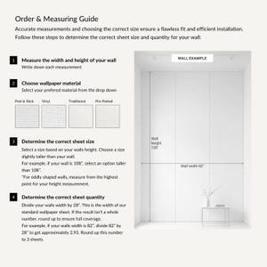 Pode incluir: Um guia de instala&ccedil;&atilde;o de papel de parede, com texto e diagramas. Explica como medir as paredes, escolher os materiais e calcular o tamanho e a quantidade das folhas. Um exemplo de parede mostra uma altura de 325 cm e uma largura de 208 cm.