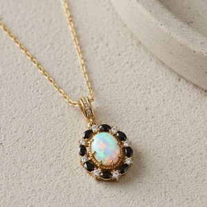 Unique Opal Engagement Necklace Oval stone Halo With Black Onyx Side Stone Birthstone Pendant Filigree Opal Item Gift For Her.