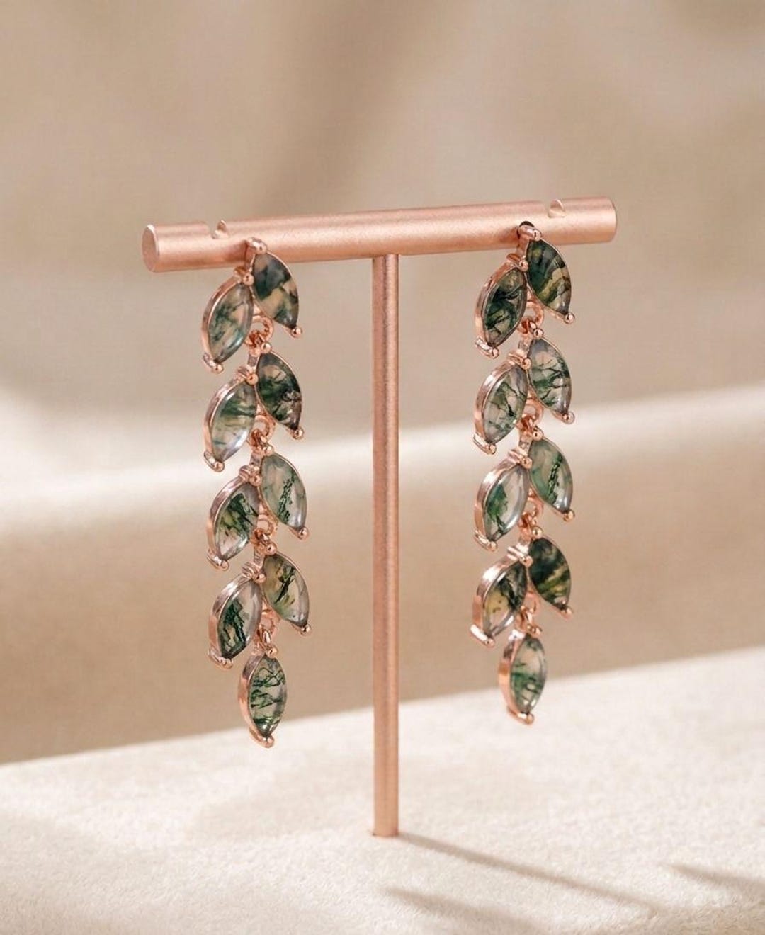 Marquise Natural Moss Agate Crystal Vine Earrings Leaf Drop Dangle Earrings Elegant Prom Graduation Jewelry  Birthstone Gift For Spouse.