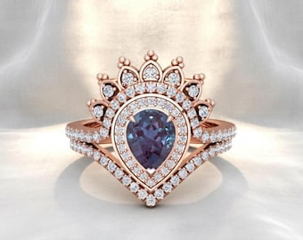 Vintage Art Deco Pear Alexandrite Ring Set, Sterling Silver Halo Wedding Ring